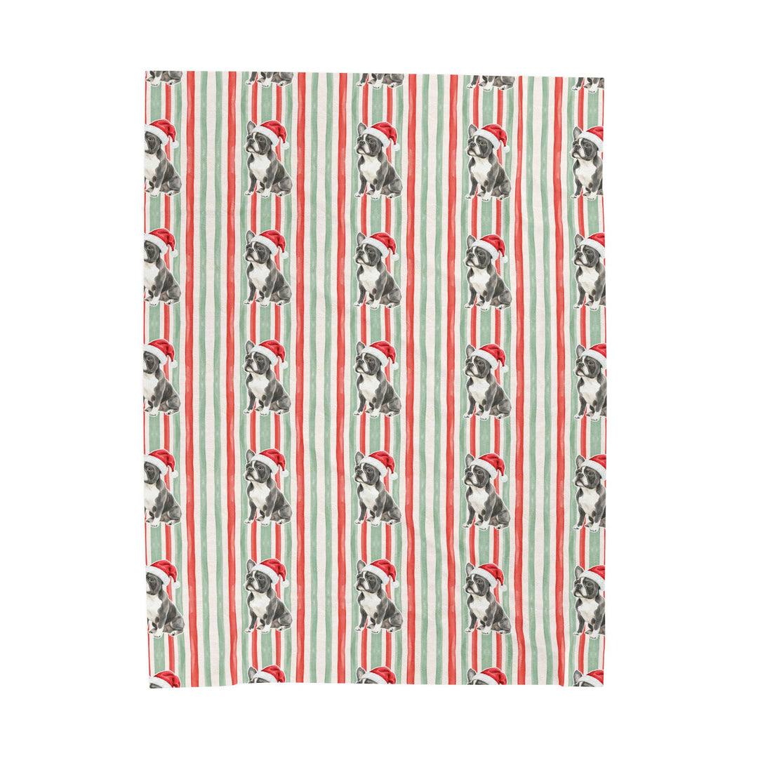 French Bulldog Christmas Velveteen Plush Blanket, Red Sage Stripes, Santa Dog Throw