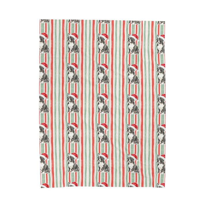 French Bulldog Christmas Velveteen Plush Blanket, Red Sage Stripes, Santa Dog Throw