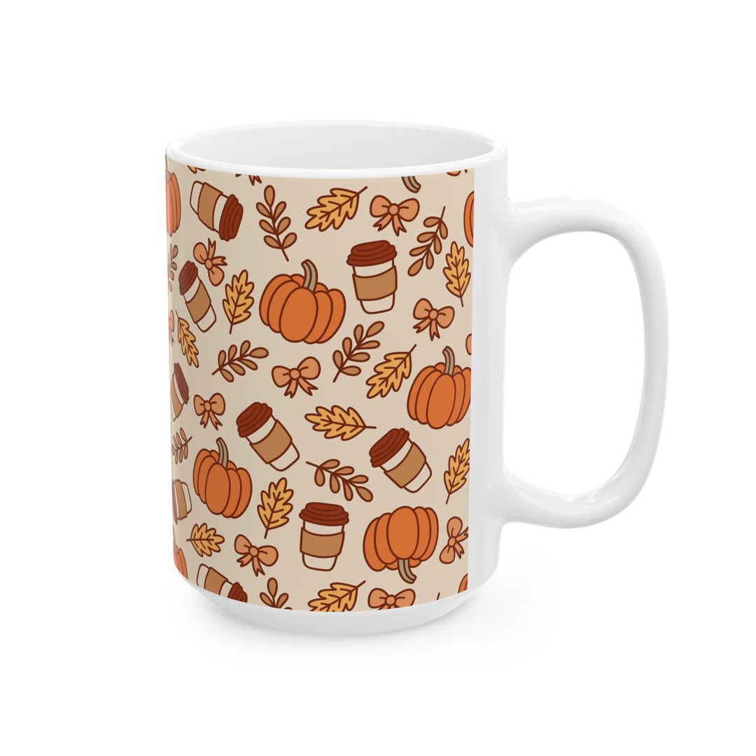 Fall Coffee Pumpkin Ceramic Mug, Autumn Bow and Leaf Coffee Cup, Pumpkin Spice Lover Gift, 11oz and 15oz