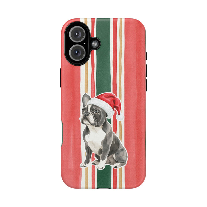 French Bulldog Christmas Tough iPhone Case, Classic Red Green Stripes, Santa Dog Phone Cover