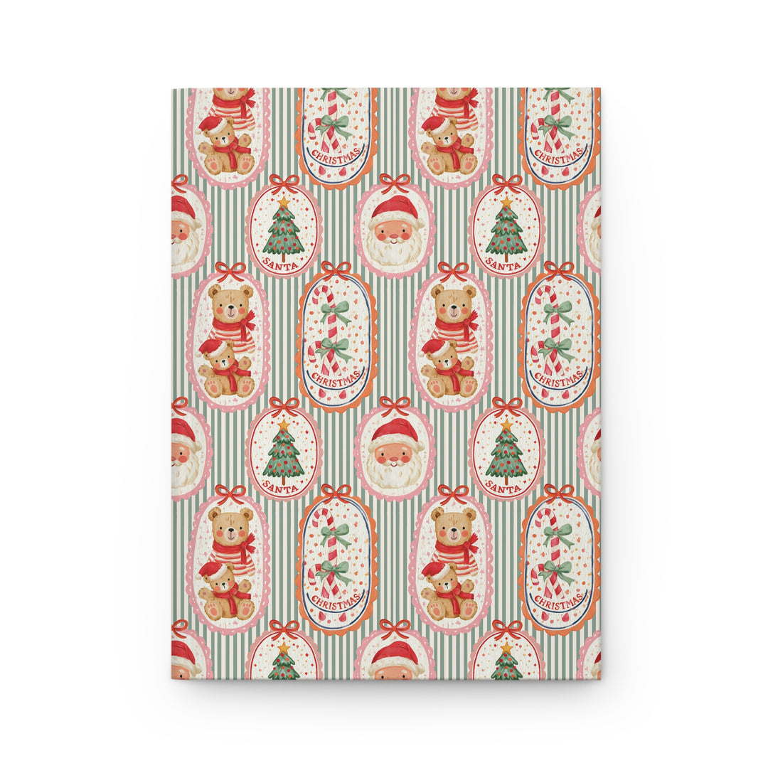 Vintage Santa and Teddy Bear Hardcover Notebook, Green Stripe Christmas Lined Journal, Cute Holiday Stationery Gift