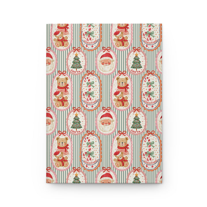 Vintage Santa and Teddy Bear Hardcover Notebook, Green Stripe Christmas Lined Journal, Cute Holiday Stationery Gift