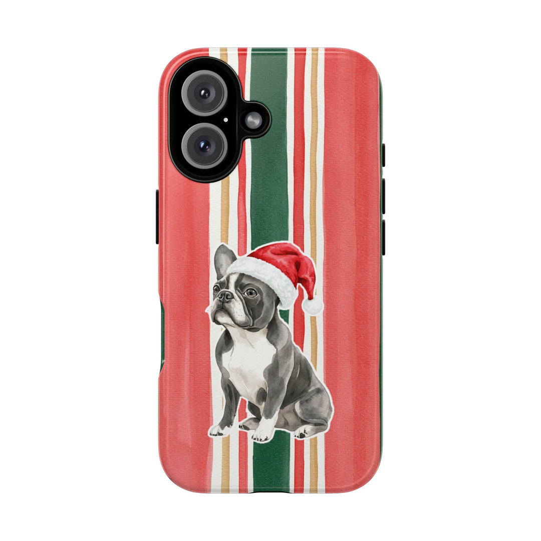 French Bulldog Christmas Tough iPhone Case, Classic Red Green Stripes, Santa Dog Phone Cover