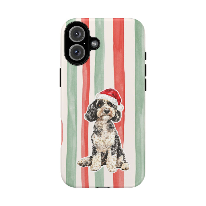 Doodle Christmas Tough iPhone Case, Red Sage Stripes, Santa Dog Phone Cover