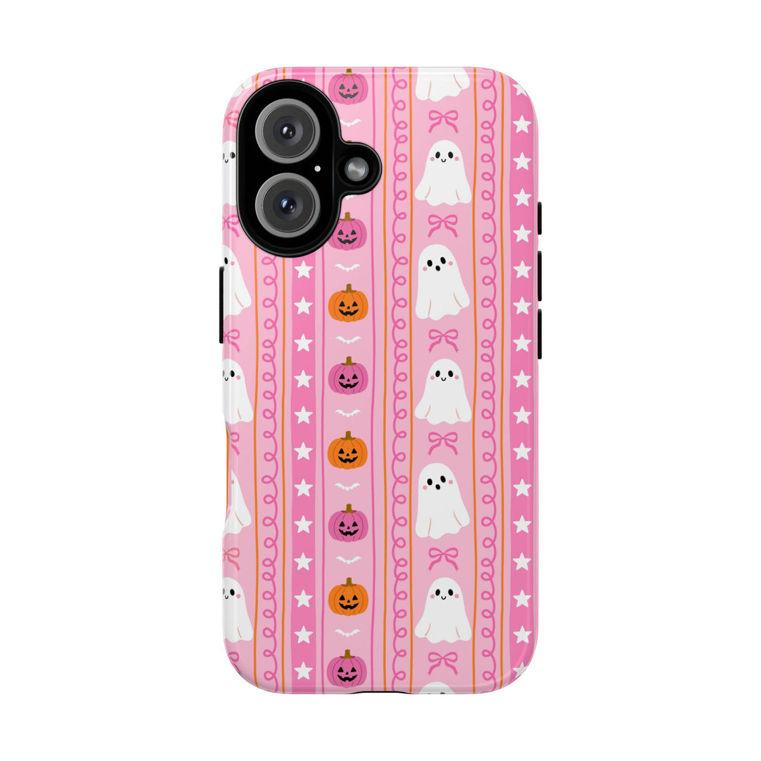 Pink Ghost Stripe Tough iPhone Case, Cute Halloween Pumpkin Bow Phone Cover, Matte or Glossy