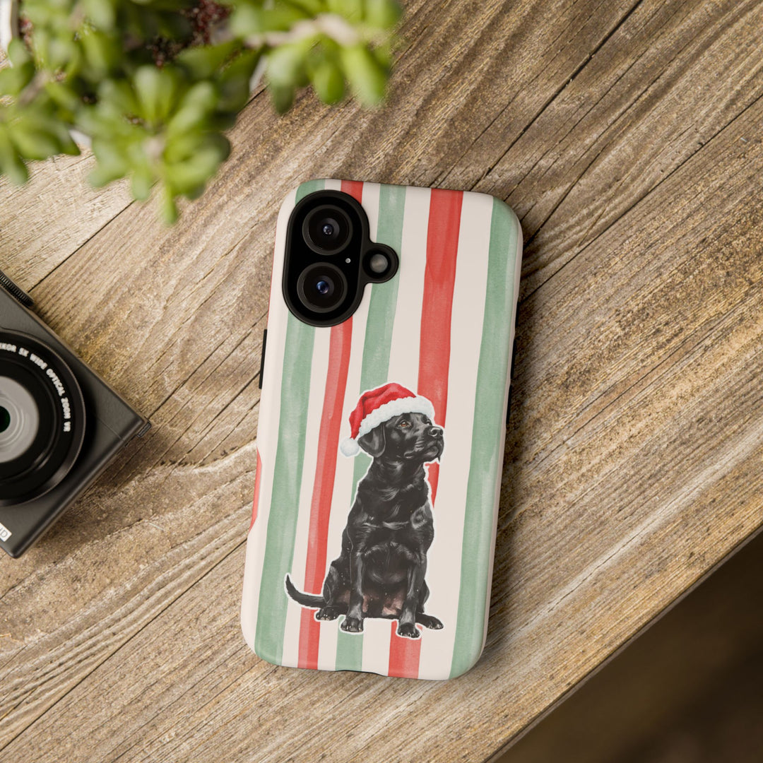 Black Labrador Christmas Tough iPhone Case, Red Sage Stripes, Santa Dog Phone Cover