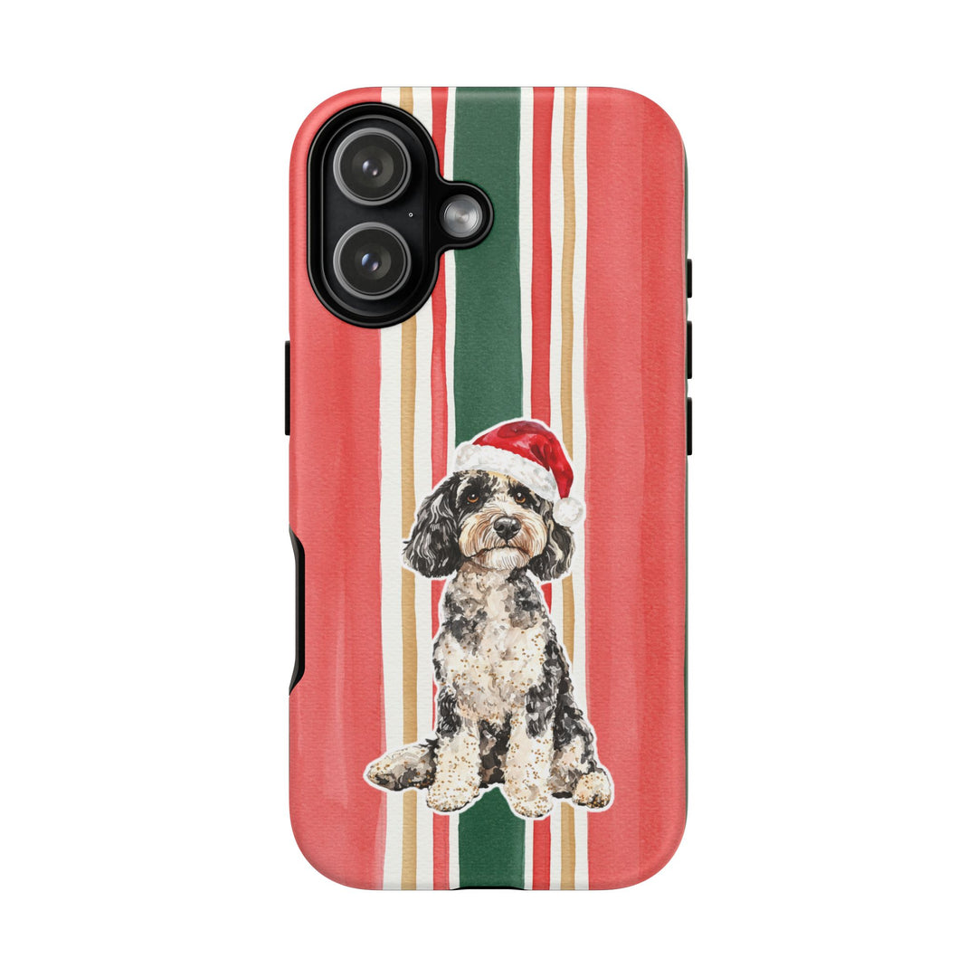 Doodle Christmas Tough iPhone Case, Classic Red Green Stripes, Santa Dog Phone Cover