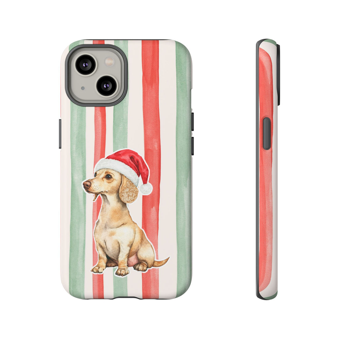 Dachshund Christmas Tough iPhone Case, Red Sage Stripes, Santa Dog Phone Cover