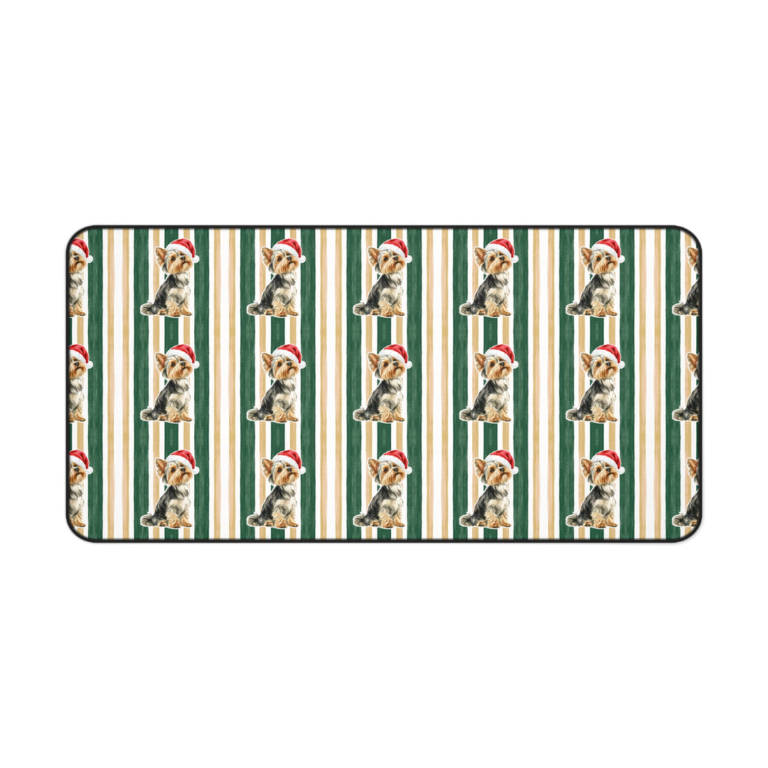Yorkshire Terrier Christmas Desk Mat, Green Gold Stripes, Santa Dog Desk Pad