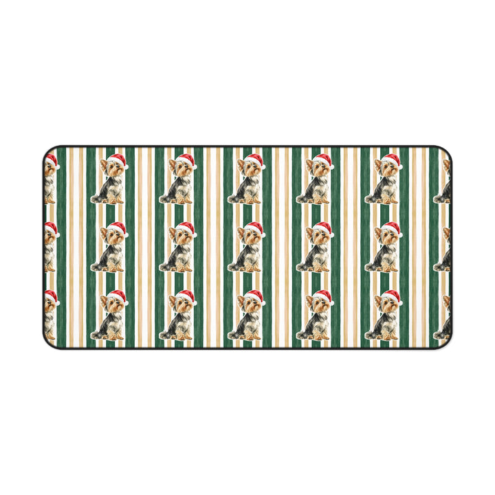 Yorkshire Terrier Christmas Desk Mat, Green Gold Stripes, Santa Dog Desk Pad