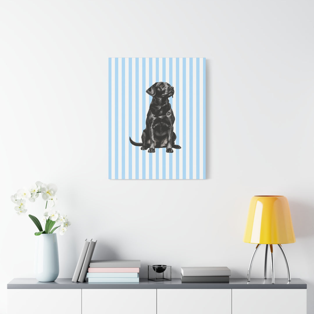 Black Lab Canvas Wall Art, Blue Stripe Labrador Stretched Canvas, Lab Mom Gift