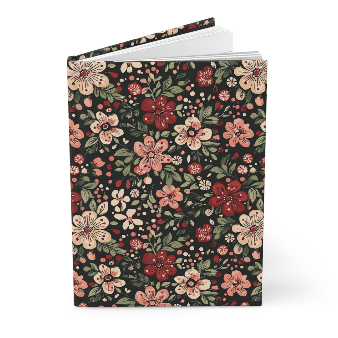 Retro Christmas Floral Hardcover Notebook, Dark Botanical Lined Journal, Pink Red Flower Stationery Gift