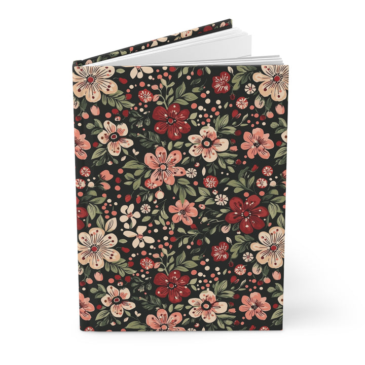 Retro Christmas Floral Hardcover Notebook, Dark Botanical Lined Journal, Pink Red Flower Stationery Gift