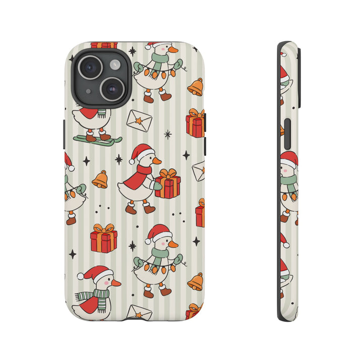 Christmas Goose Tough iPhone Case, Cute Holiday Geese Green Stripe Phone Cover, Matte or Glossy