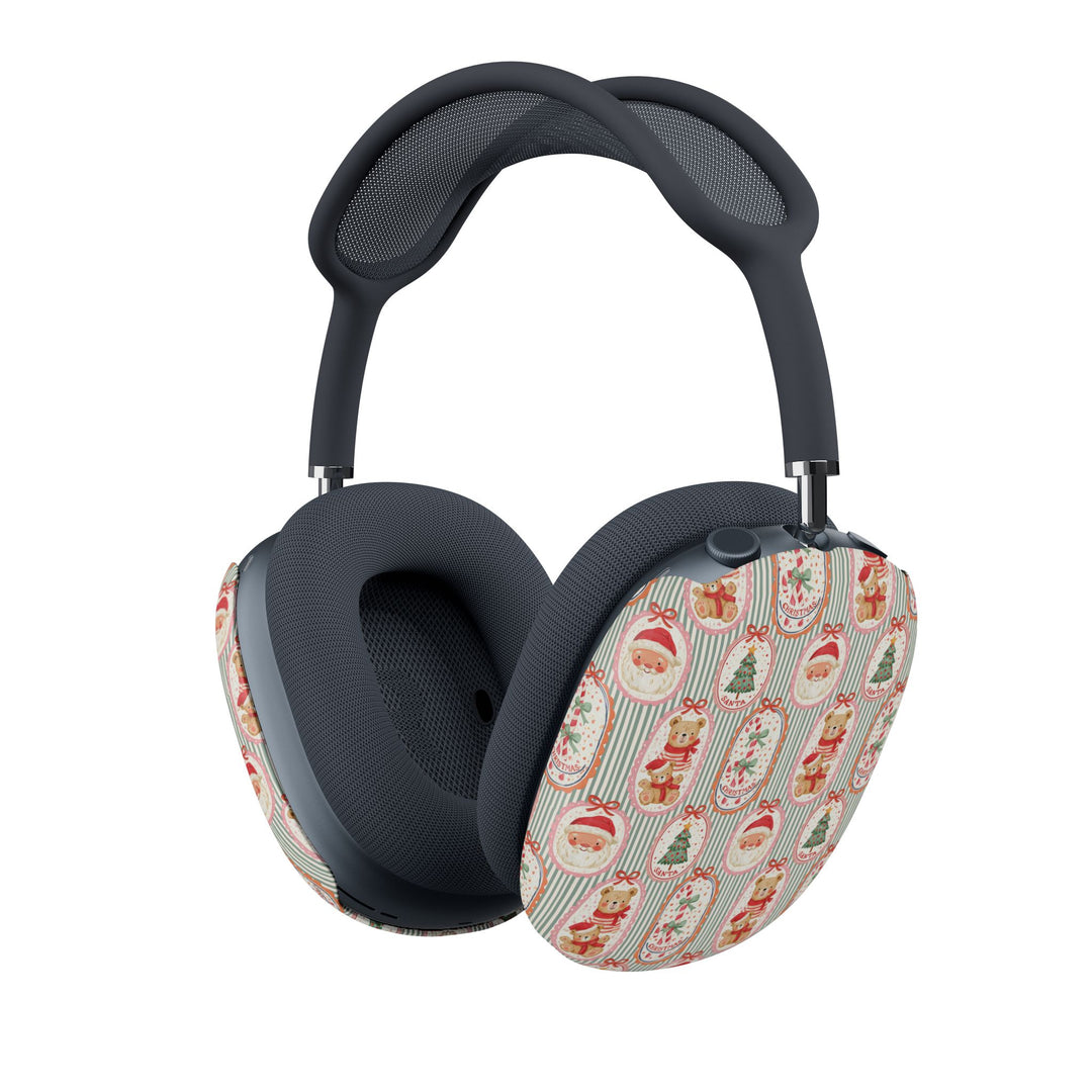 Vintage Santa Teddy Bear AirPods Max Case Covers, Christmas Ear Cup Shells, Candy Cane Holiday Pattern, Matte or Glossy
