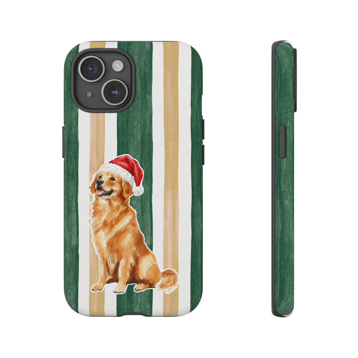 Golden Retriever Christmas Tough iPhone Case, Green Gold Stripes, Santa Dog Phone Cover