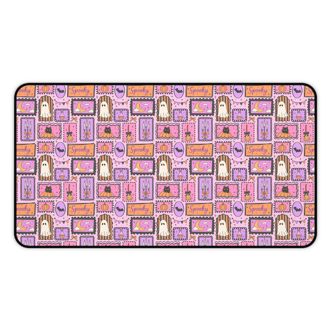 Pink Halloween Frames Desk Mat, Spooky Ghost Black Cat and Pumpkin Desk Pad, Pastel Witchy Large Mouse Pad