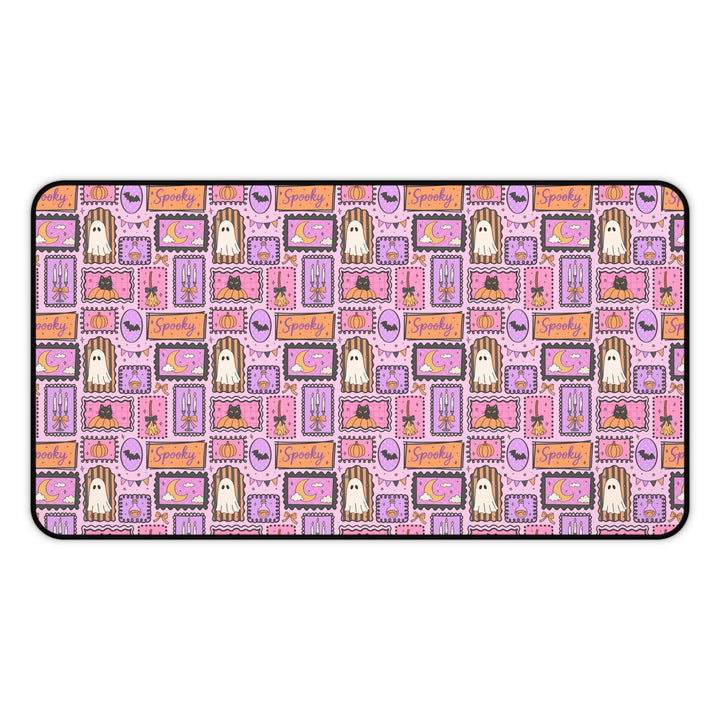 Pink Halloween Frames Desk Mat, Spooky Ghost Black Cat and Pumpkin Desk Pad, Pastel Witchy Large Mouse Pad