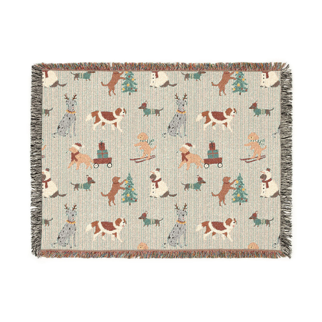 Christmas Dog Woven Blanket, Green Stripe Cotton Throw, Festive Puppy Decor, Dog Lover Holiday Gift