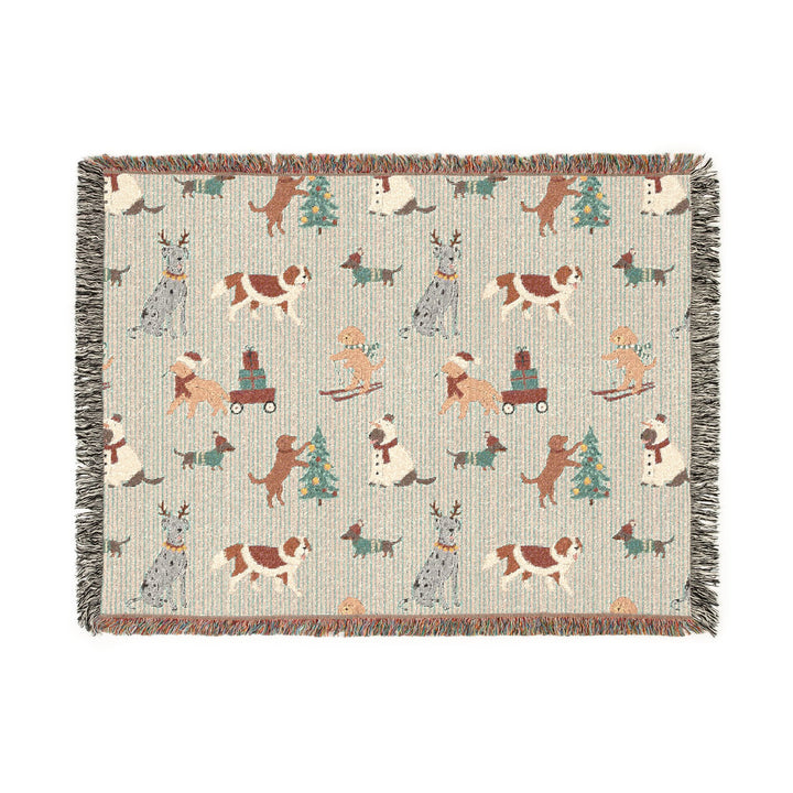 Christmas Dog Woven Blanket, Green Stripe Cotton Throw, Festive Puppy Decor, Dog Lover Holiday Gift