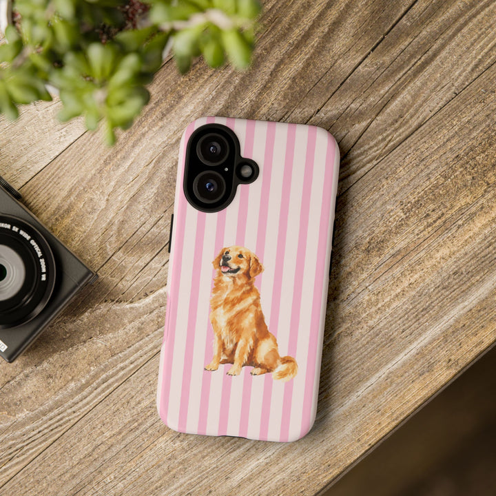 Golden Retriever iPhone Case, Pink Stripe Tough Phone Cover, Golden Retriever Mom Gift