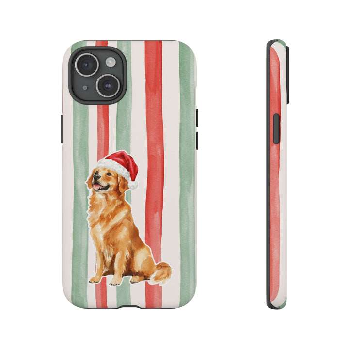 Golden Retriever Christmas Tough iPhone Case, Red Sage Stripes, Santa Dog Phone Cover