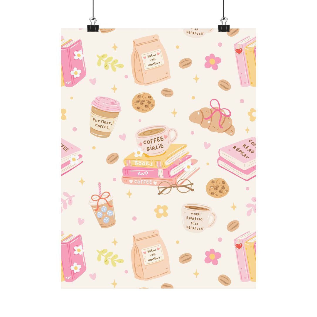Coffee and Books Matte Vertical Poster, Pastel Pink Bookish Wall Art, Reading Nook Decor