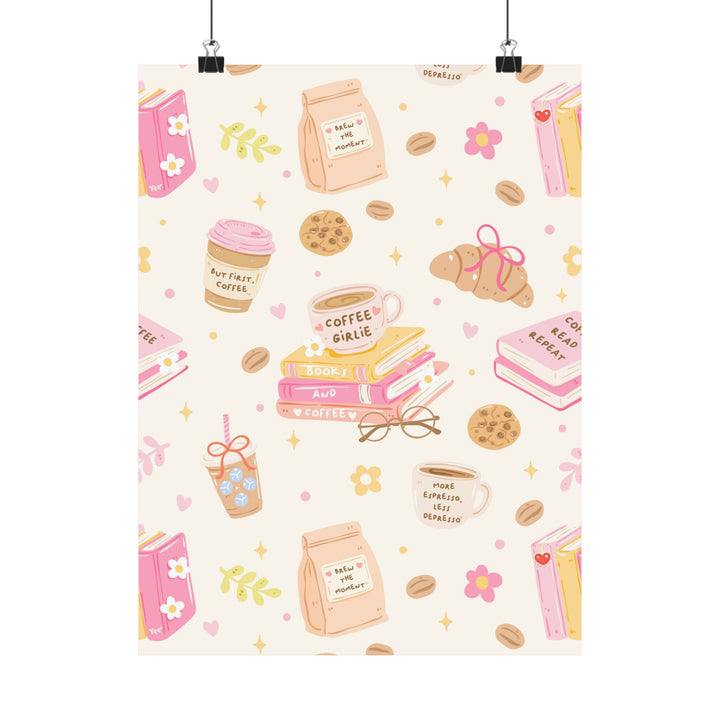 Coffee and Books Matte Vertical Poster, Pastel Pink Bookish Wall Art, Reading Nook Decor
