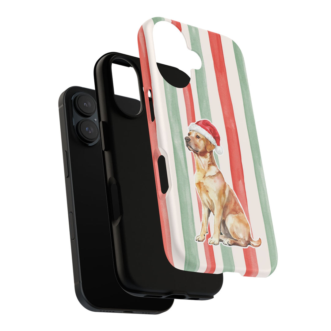 Yellow Labrador Christmas Tough iPhone Case, Red Sage Stripes, Santa Dog Phone Cover