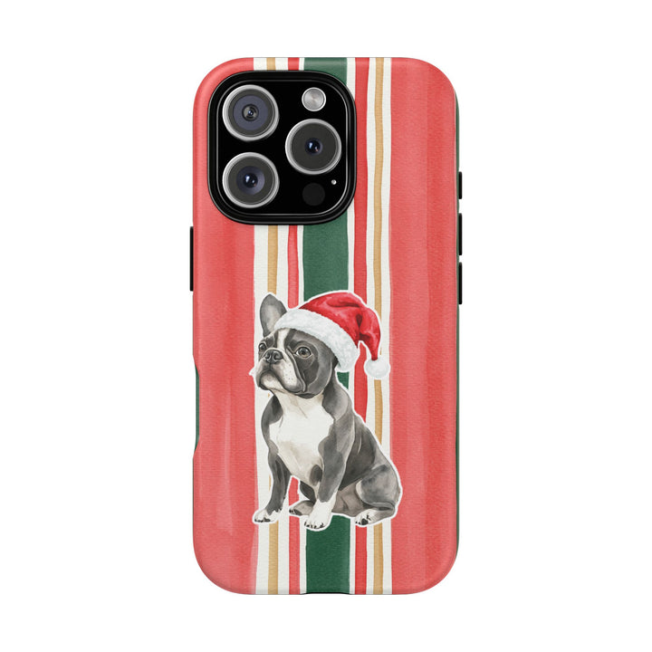 French Bulldog Christmas Tough iPhone Case, Classic Red Green Stripes, Santa Dog Phone Cover