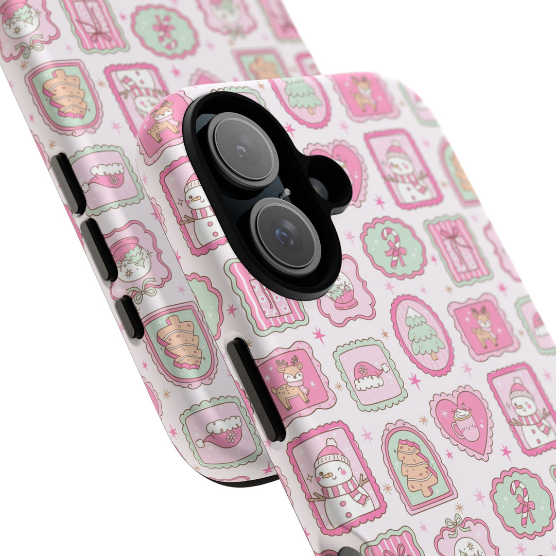 Pink Christmas Frames Tough iPhone Case, Pastel Snowman Reindeer Holiday Phone Cover, Matte or Glossy