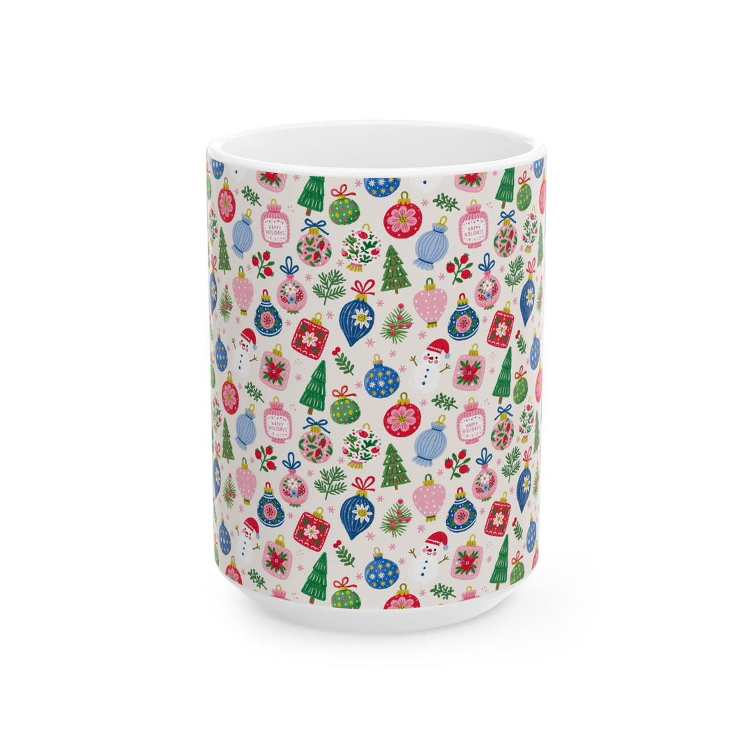 Christmas Ornament Ceramic Mug, Pink Blue Bauble Coffee Cup, Snowman Holiday Cocoa Mug, 11oz and 15oz