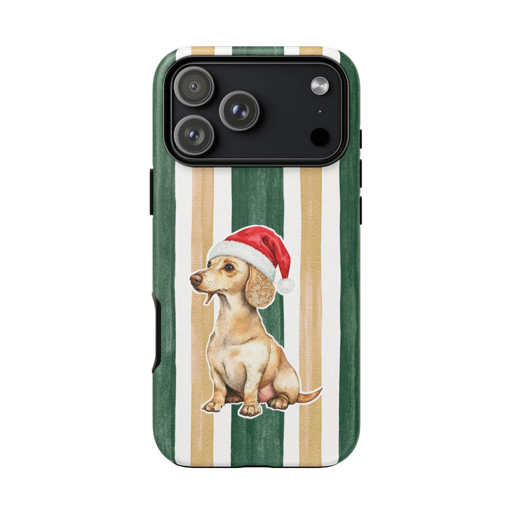 Dachshund Christmas Tough iPhone Case, Green Gold Stripes, Santa Dog Phone Cover