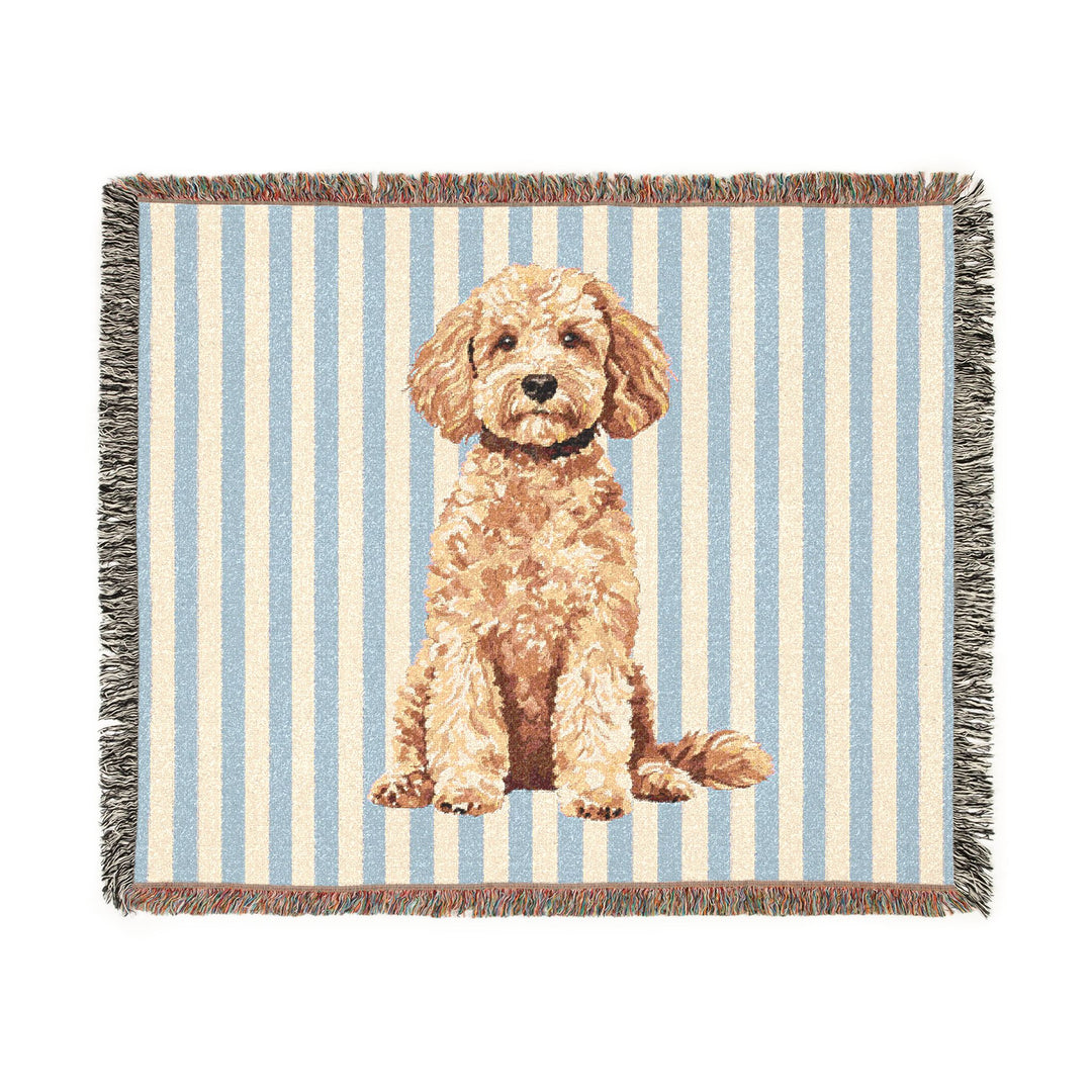 Goldendoodle Woven Blanket, Blue Stripe Cotton Throw, Doodle Mom Gift, 60 x 50