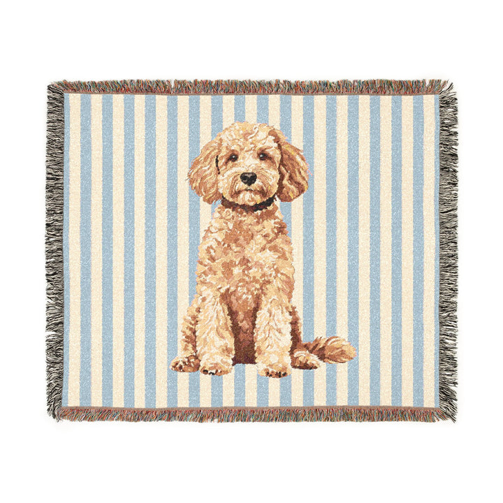 Goldendoodle Woven Blanket, Blue Stripe Cotton Throw, Doodle Mom Gift, 60 x 50