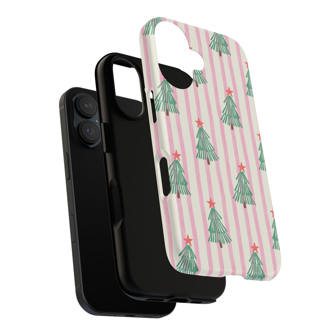 Retro Christmas Tree Tough iPhone Case, Pink Stripe Green Tree Holiday Phone Cover, Matte or Glossy