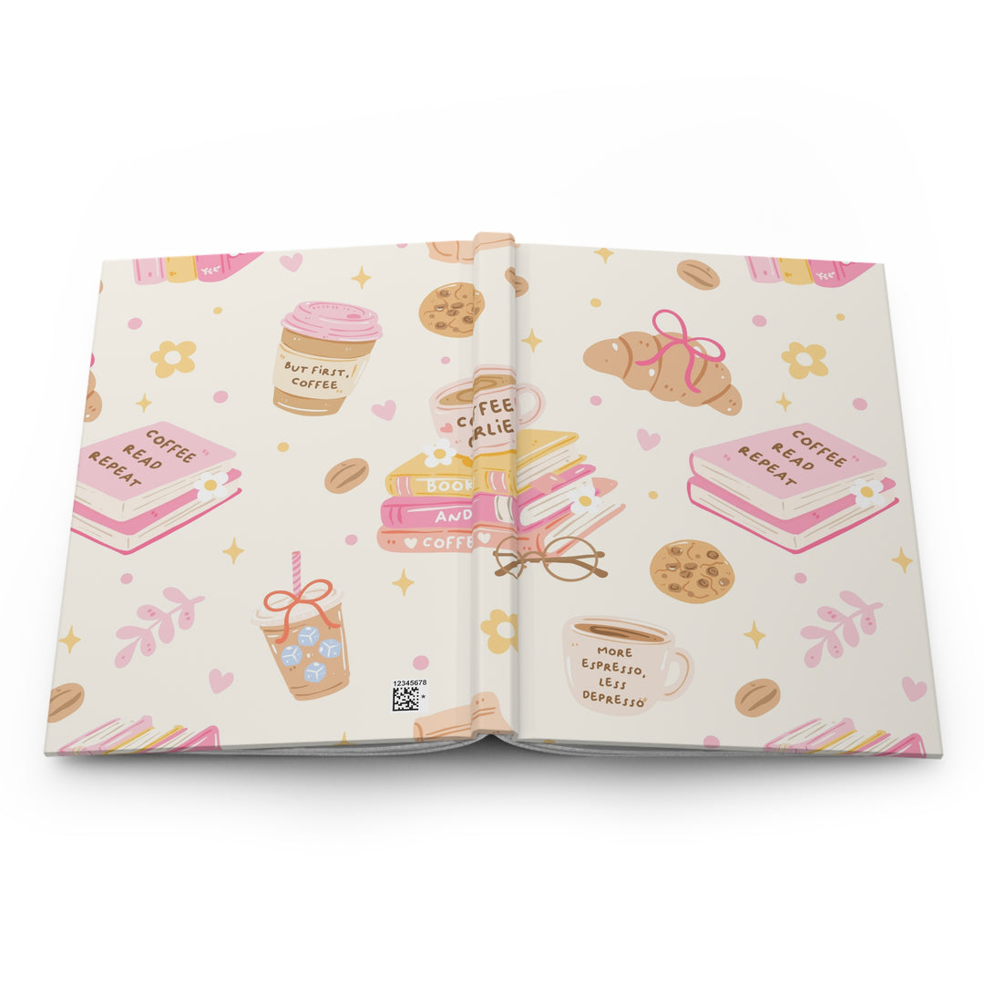 Coffee and Books Hardcover Notebook, Pastel Pink Lined Journal, Matte Book Lover Gift