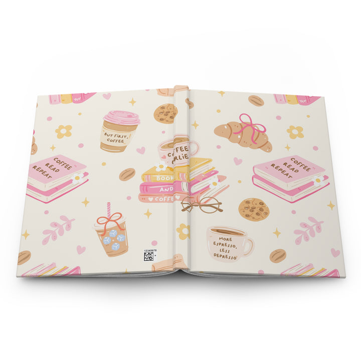 Coffee and Books Hardcover Notebook, Pastel Pink Lined Journal, Matte Book Lover Gift