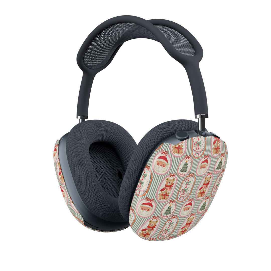 Vintage Santa Teddy Bear AirPods Max Case Covers, Christmas Ear Cup Shells, Candy Cane Holiday Pattern, Matte or Glossy