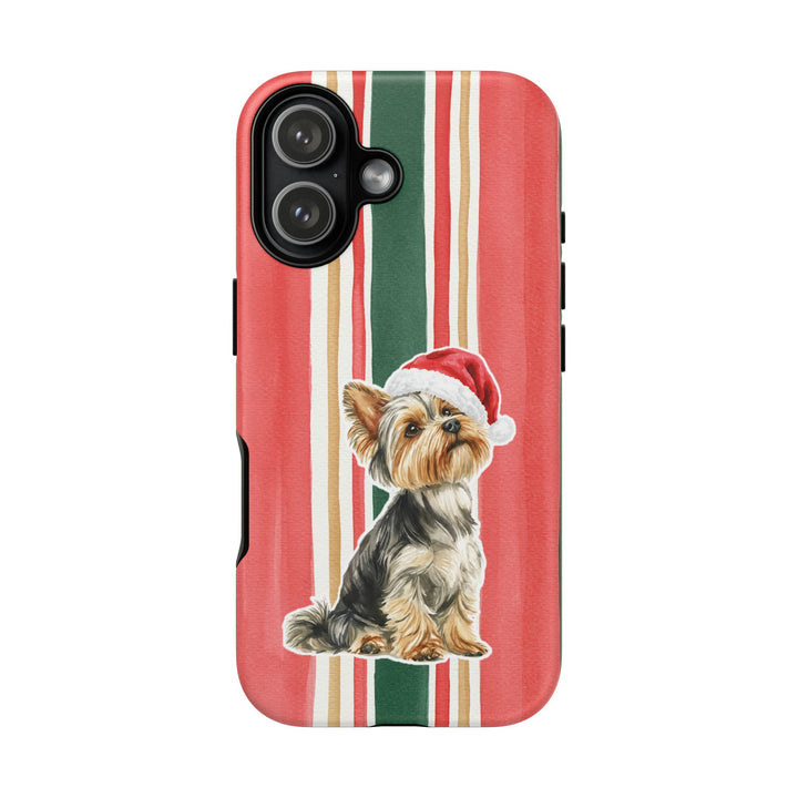 Yorkshire Terrier Christmas Tough iPhone Case, Classic Red Green Stripes, Santa Dog Phone Cover