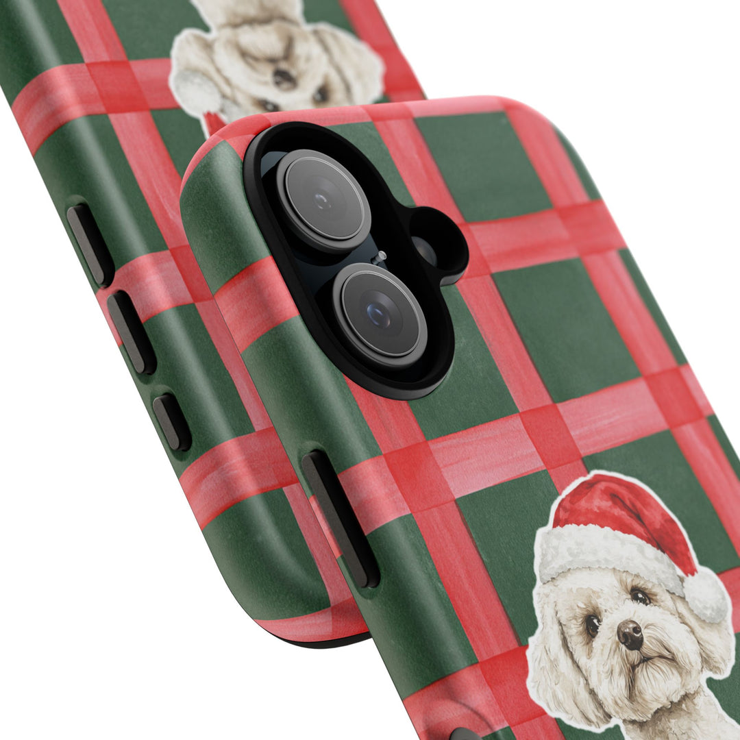 Maltese Christmas Tough iPhone Case, Red Green Plaid, Santa Dog Phone Cover