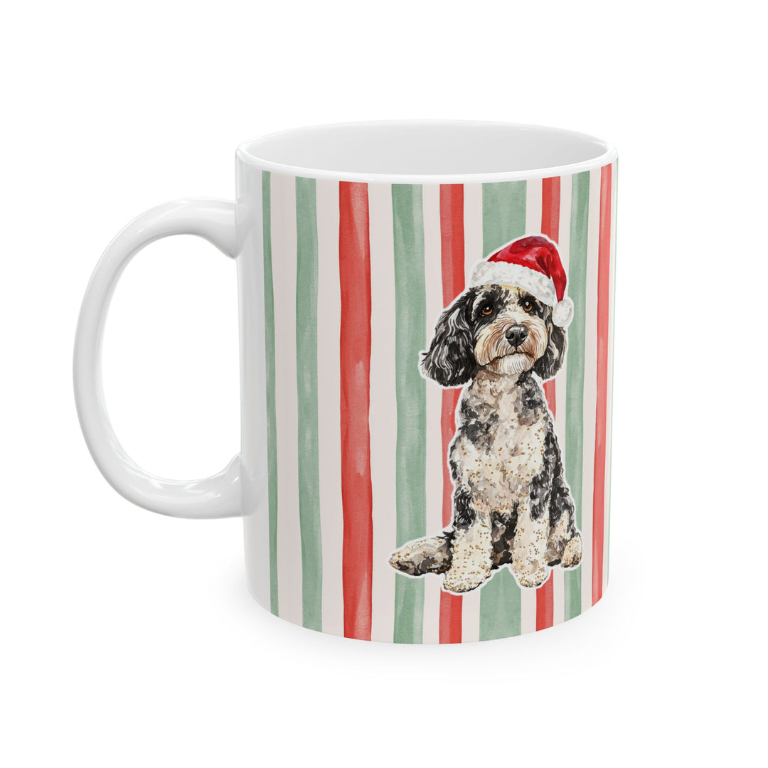 Doodle Christmas Mug, Red Sage Stripes, 11oz White Ceramic