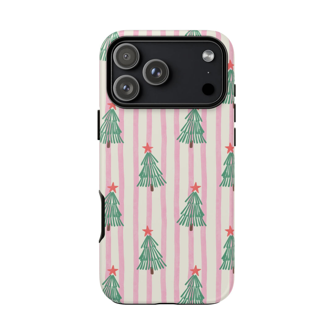 Retro Christmas Tree Tough iPhone Case, Pink Stripe Green Tree Holiday Phone Cover, Matte or Glossy