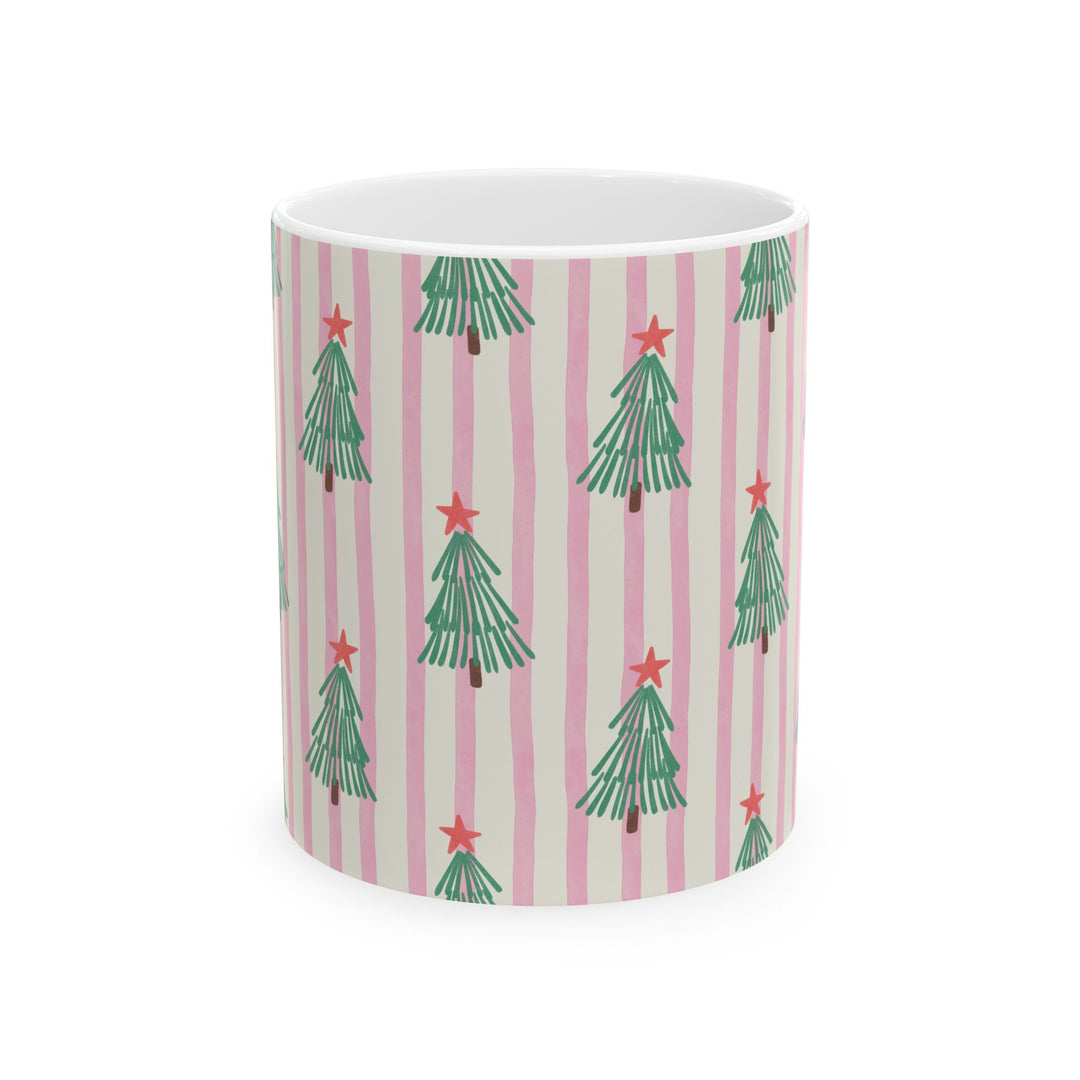 Pink Stripe Christmas Tree Ceramic Mug, Retro Green Tree Coffee Cup, Holiday Tea Gift, 11oz and 15oz