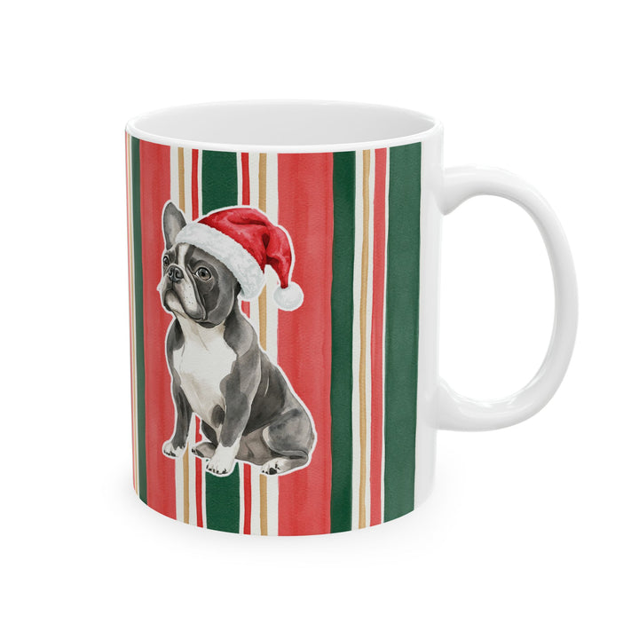 French Bulldog Christmas Mug, Classic Christmas Stripes, 11oz White Ceramic