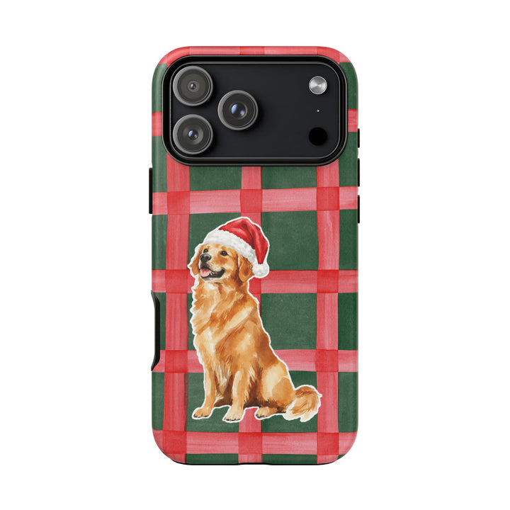 Golden Retriever Christmas Tough iPhone Case, Red Green Plaid, Santa Dog Phone Cover