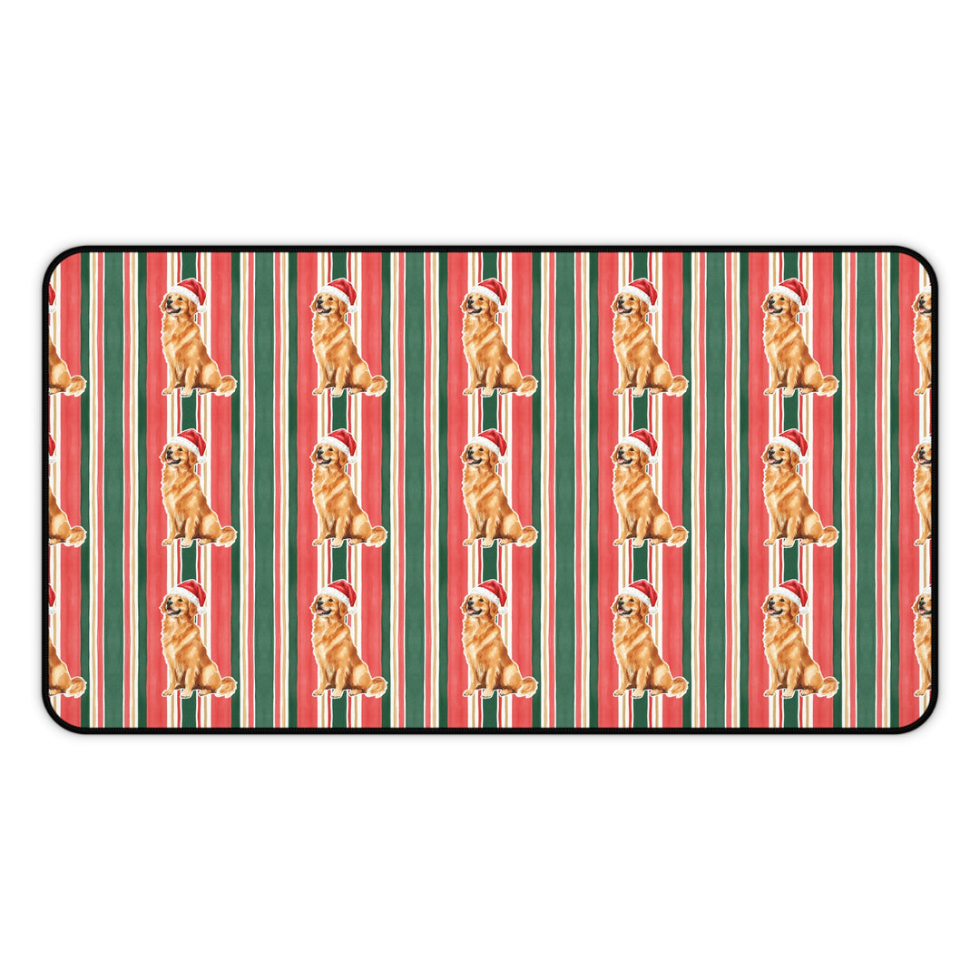Golden Retriever Christmas Desk Mat, Classic Red Green Stripes, Santa Dog Desk Pad