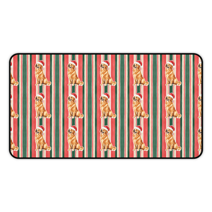 Golden Retriever Christmas Desk Mat, Classic Red Green Stripes, Santa Dog Desk Pad