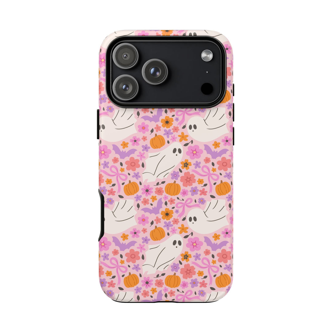 Pink Floral Ghost Tough iPhone Case, Cute Halloween Pumpkin Bat Phone Cover, Matte or Glossy