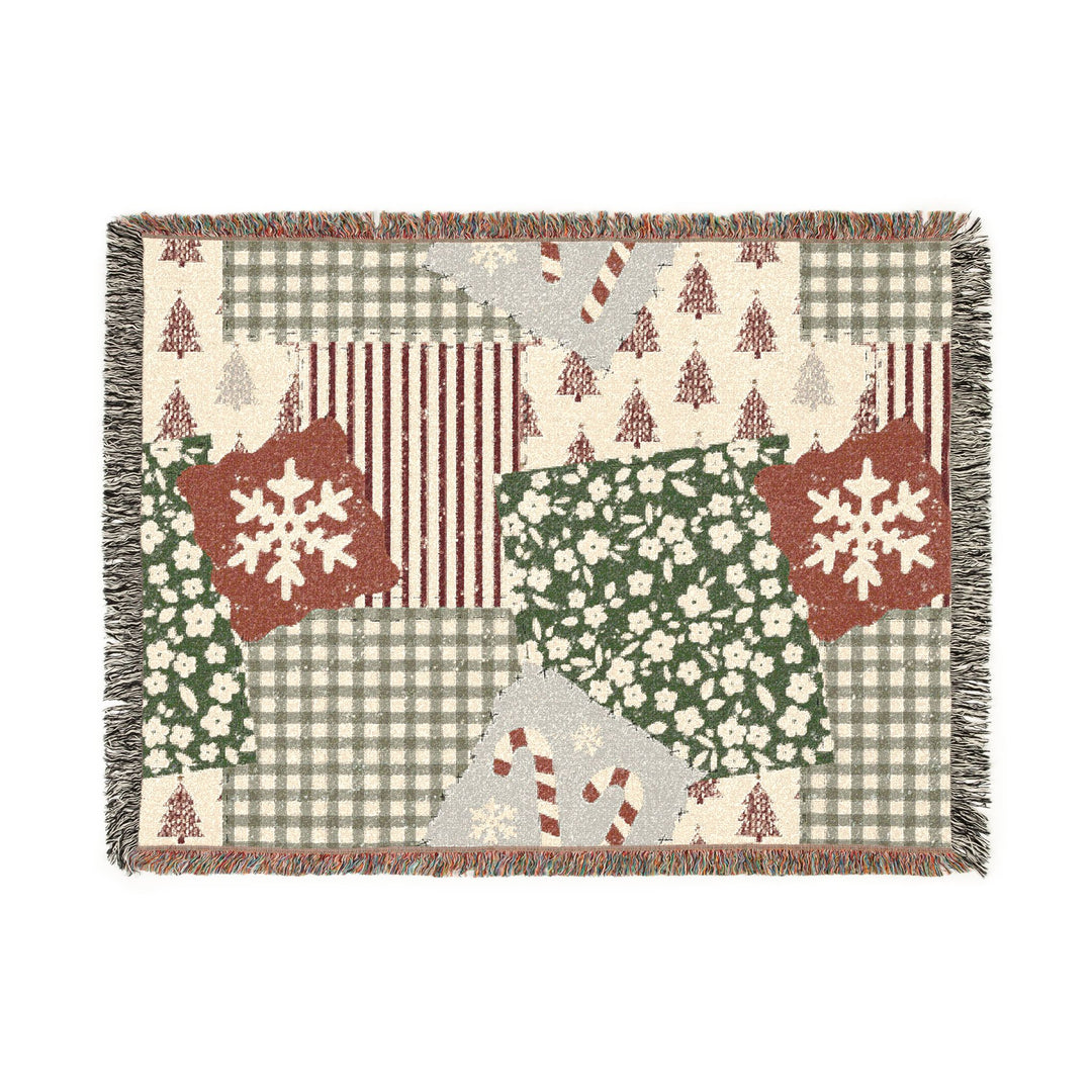 Christmas Patchwork Woven Blanket, Red Sage Floral Gingham Cotton Throw, Rustic Holiday Sofa Decor